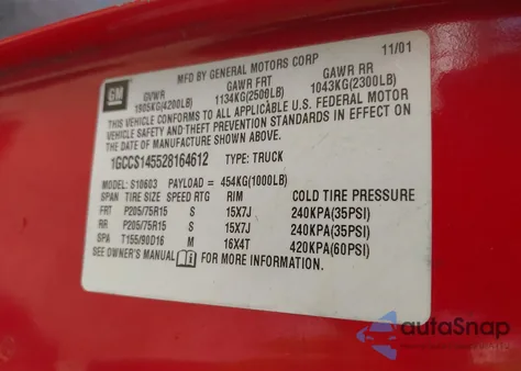 2002 Chevrolet S-10 Ls из США, поврежденный, VIN 1GCCS145528164612